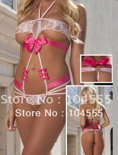 Sexy Lace and Pink Strap Design Teddy Lingerie