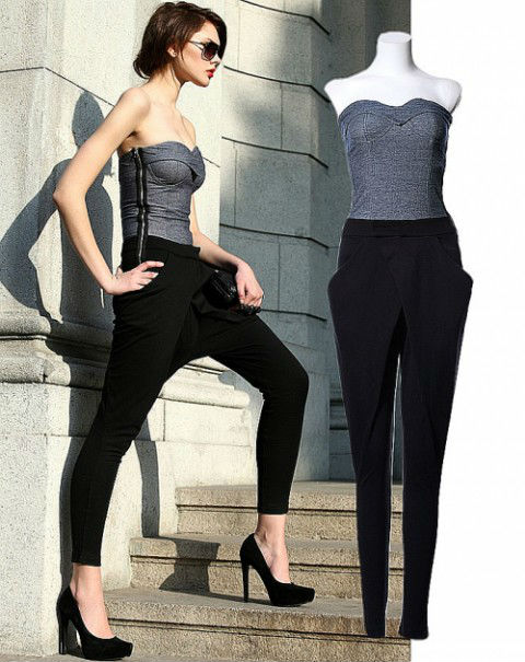 Sexy Punk Denim Contrast Black Strapless Slim Fit Cropped Harem Jumpsuit Pants Free Shipping Wholesale