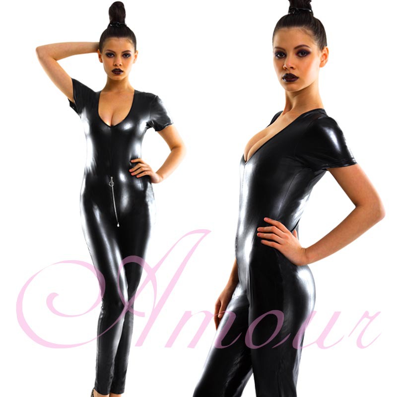 Sexy Punk Gothic Darque Queen Zipper Front Wetlook Romper Catsuit Free Shipping @P7111