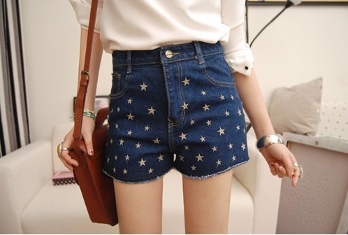 SHOWLK,,the same style as European and American fashion magazines, For a variety of mix,Star pattern denim shorts