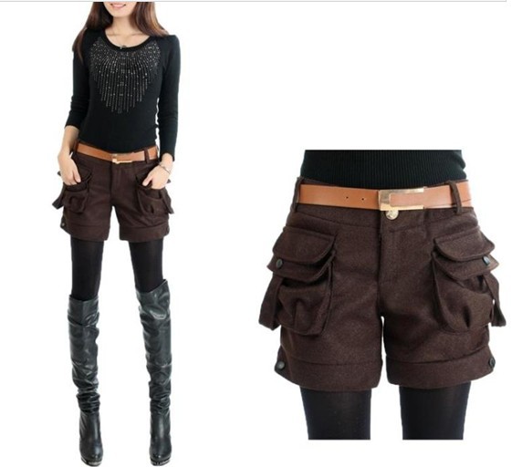 Special Design Big Bag Front Pockets Wool Shorts Black,Coffee, Super Big Size S-5XL Women Boot Pants