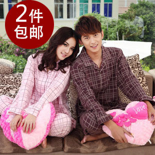 Spring and autumn plaid 100% cotton at home service lovers sleepwear long-sleeve sleepwear lounge