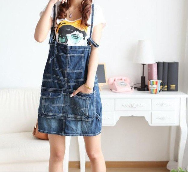 Spring and summer harness loose half-length straight skirt\ jumpsuit jean strap dress