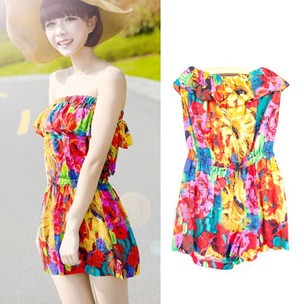 SUMMER Women Colorful Printed Flower Floral Strapless Jumpsuit Pants Playsuit Lady # L03457