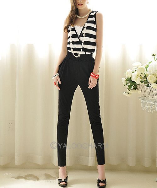 Summer Women Jumpsuit Tank Sleeveless Overall Casual Strips Jumpsuits Black Pants Rompers 70304 -70307
