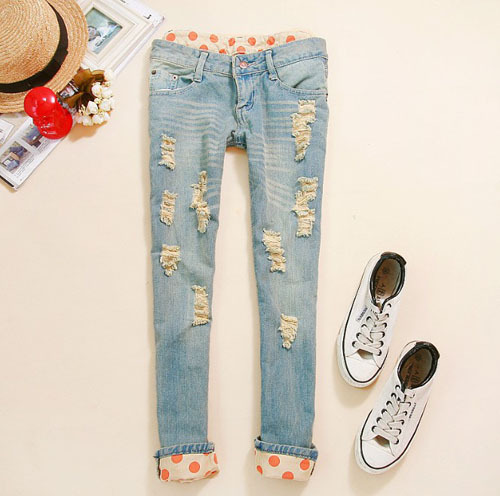 The New Spring and Summer Dot Wave Point Flanging Korean Pants Hole Jans Cowboy Pant Female sl13010709