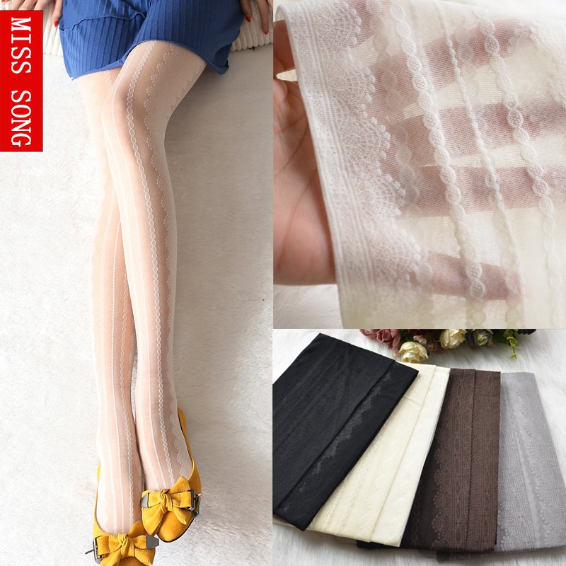 vertical stripe ultra-thin stockings vintage pantyhose lace decoration white socks female