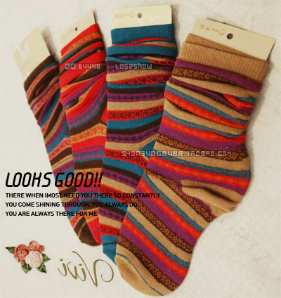 W jacquard vintage multicolour stripe Women sock 100% cotton female socks