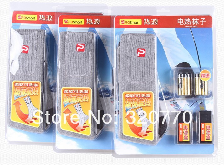 Wearing Grey Cotton Winter Electric Heating Socks Portable High Power Battery Supported Warm Socks For Man Or Women By DHL Free
