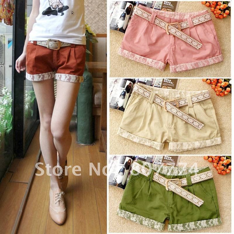 Wholesale Free shipping New women casual cotton short with belt hot shorts lace pants S/M/L/XL