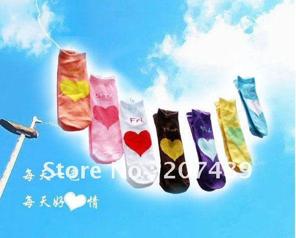 Wholesale retail  female Soft Cotton Home Socks English Letter week  Cute Beautiful Loving heart  7 color