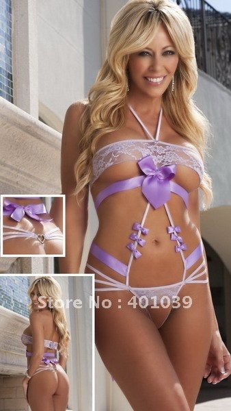 Wholesale - Sexy Lingerie Teddy/Ribbon Ties In Back Bow/Neck strap/Demi-coverage Over The Breast/3pcs