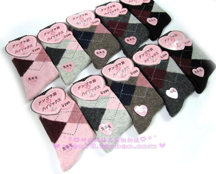 Women's cold-proof plaid pattern socks wool Rabbit hair wholesale freeshipping socks