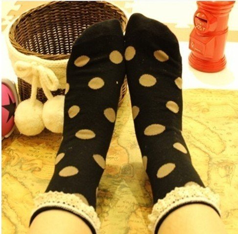 women's knee-high cotton socks mid waist polka dot lace socks wholesale and retail