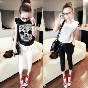 women's leather Skull Heads sport suits, 2012 new style sleeveless T-shirt, black and white individuality, One-piece garment,