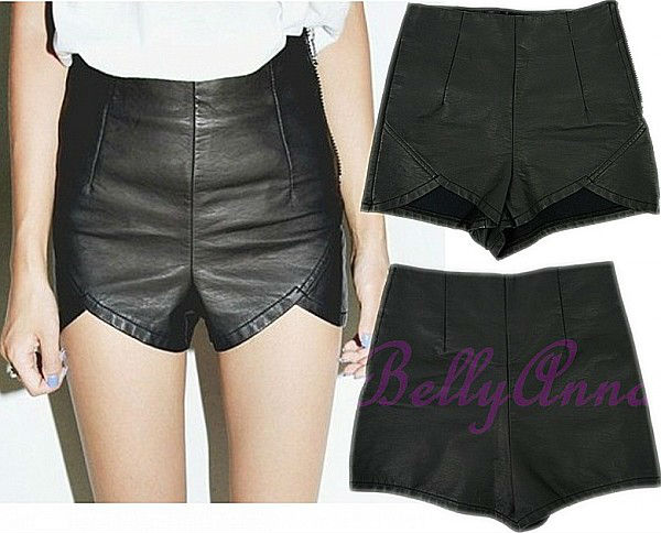 Women Vtg High Waist Punk Rock Faux Leather Slim Fit Asymmetric Shorts Hot Pants Free Shipping Wholesale