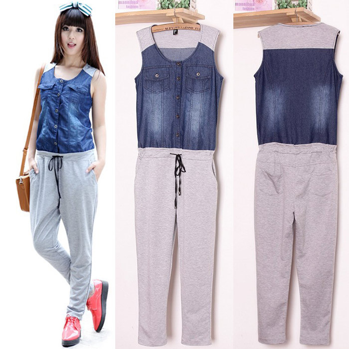 Womens Jumpsuits Fashion 2013 Patchwork One-piece Harem Pants Blue Denim Womens Sexy Jumpsuit Skinny Overalls Free Shipping