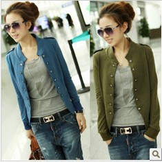 002 2012 autumn women's casual all-match stand collar epaulette double breasted short jacket cardigan
