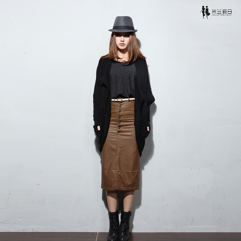 012 autumn elegant lady vintage quality leather slim hip full dress leather skirt bust skirt with belt