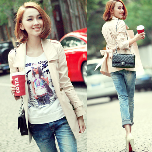 0128 real pictures with model 2013 spring ol elegant slim waist double breasted short trench outerwear design