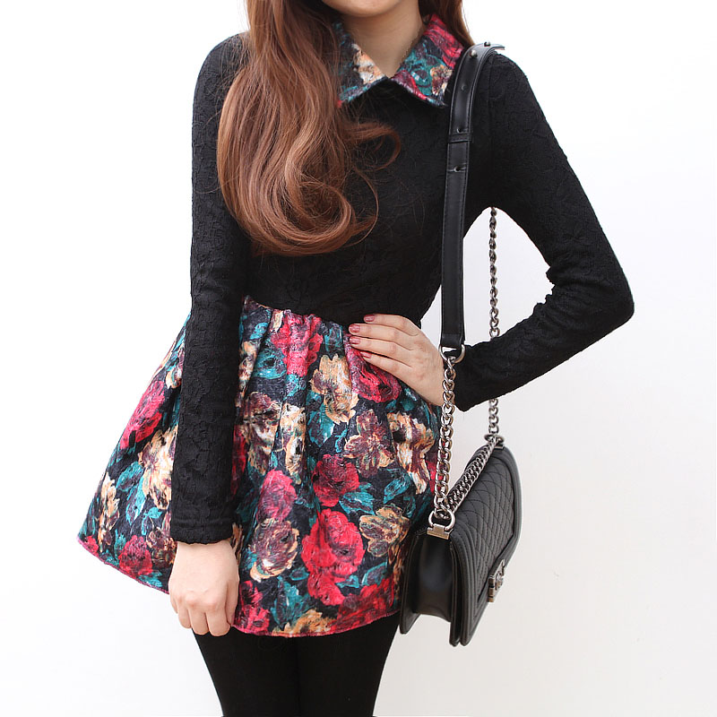 013067 2012 women's vintage oil painting flower lace patchwork woolen one-piece dress w5