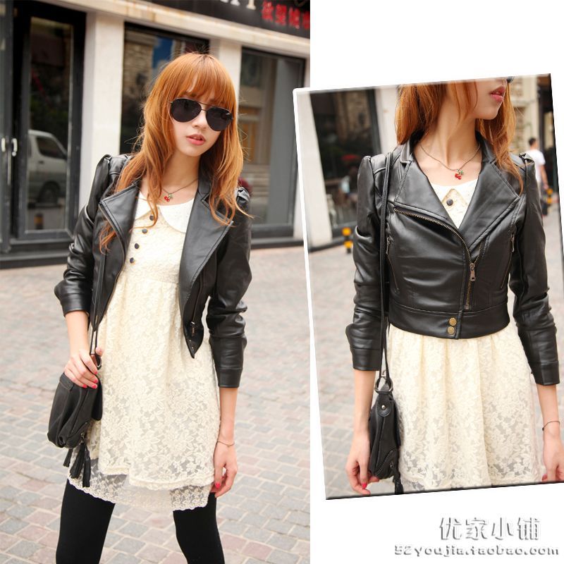 0195 autumn 2012 brief casual all-match personality oblique zipper motorcycle paragraph female leather clothing outerwear