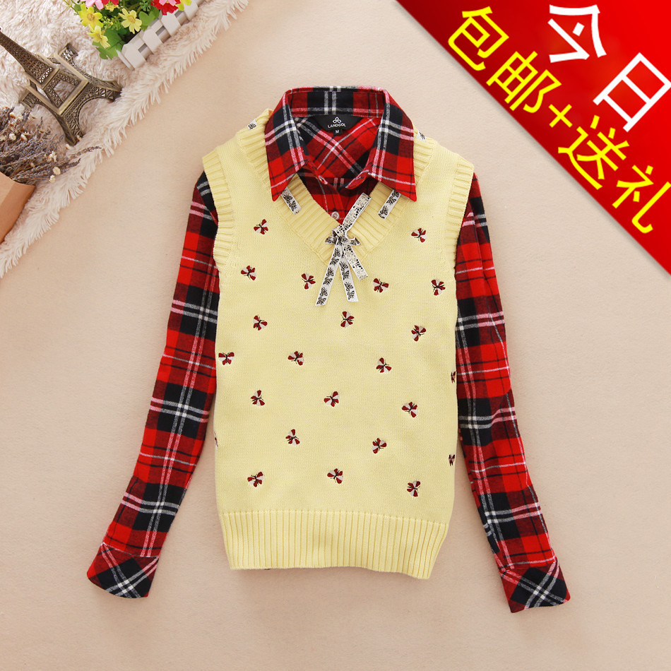 0312 2012 preppy style solid color bow V-neck Women slim sweater wool waistcoat sweater vest 2