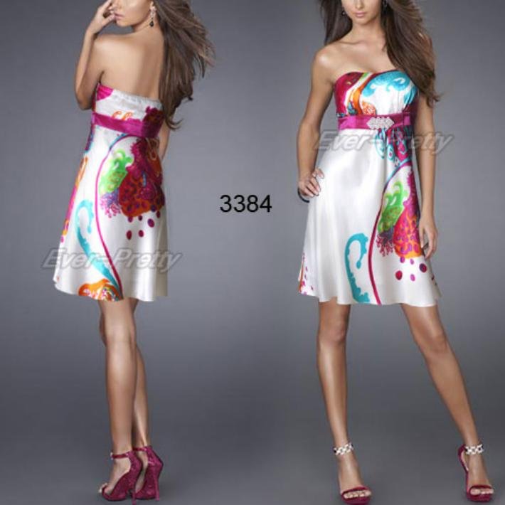 03384HP free shipping Strapless Printed Diamante Satin Empire Line Cocktail Dress