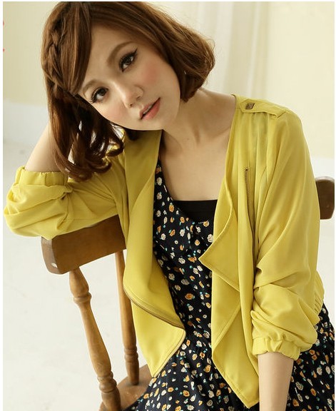 06805 2013 spring oblique zipper translucidus elastic chiffon short outerwear -