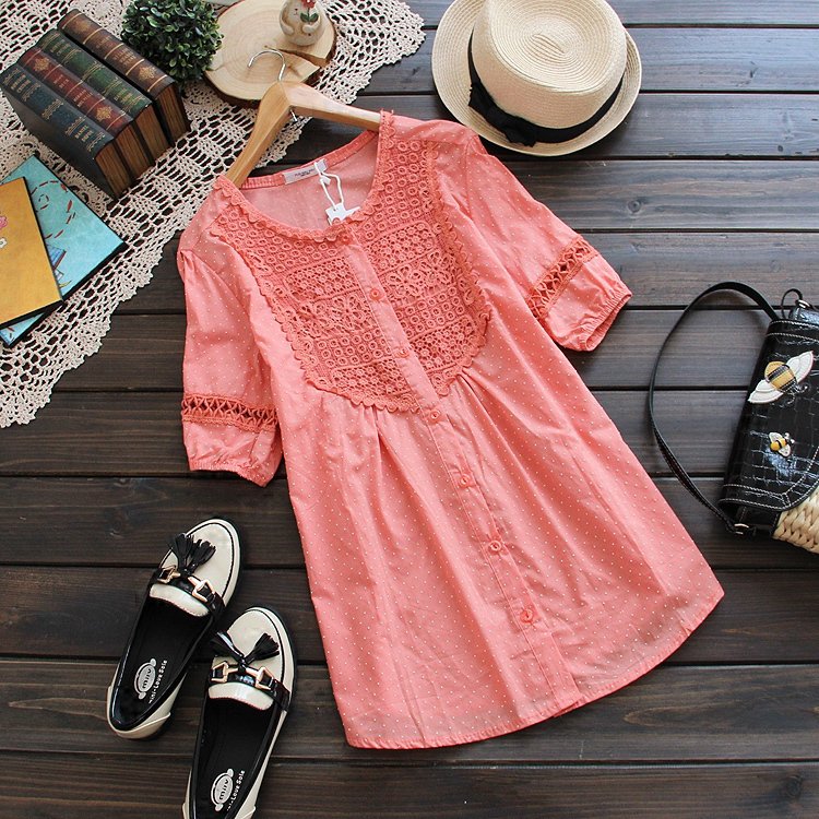 0701 summer 2012 sweet gentlewomen dot cutout laciness short-sleeve women's shirt