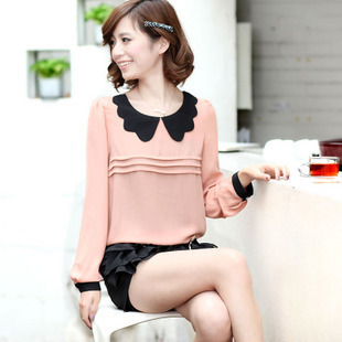 07101 spring sweet color block peter pan collar petal collar long-sleeve chiffon shirt