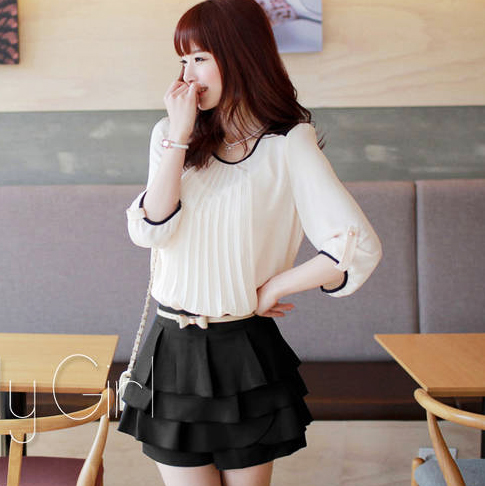 081 chiffon shirt plus size loose chiffon o-neck t-shirt color block pleated decoration sweet chiffon top