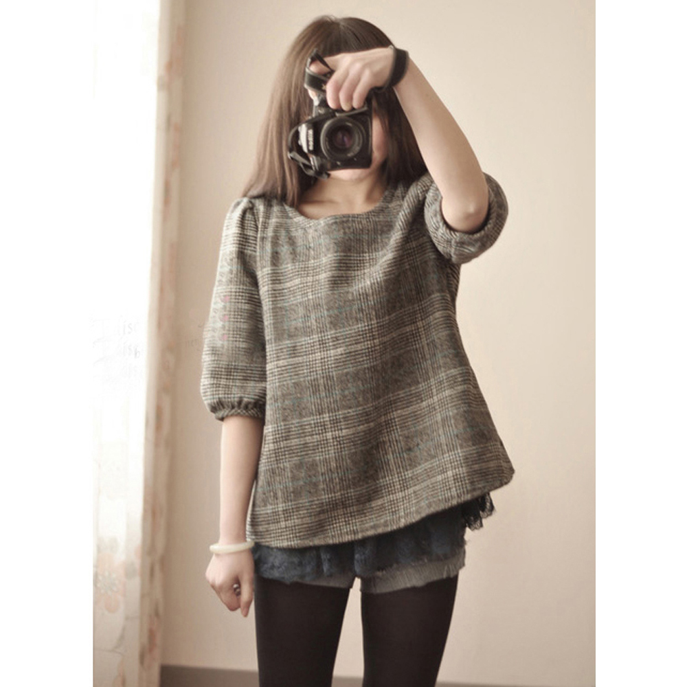 083 elegant british style woolen check lace sweep cute shirt outerwear
