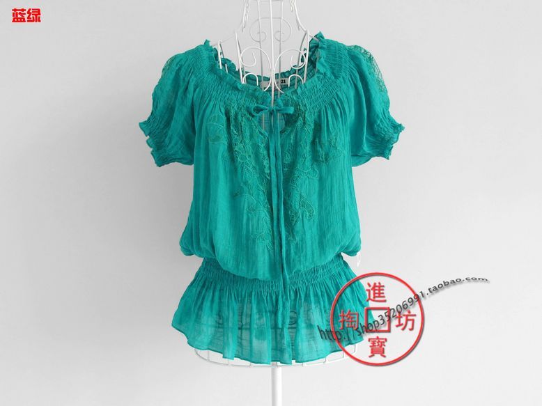 089a11 fashion single lace patchwork o-neck raglan sleeve puff sleeve ruffle hem shirt 2