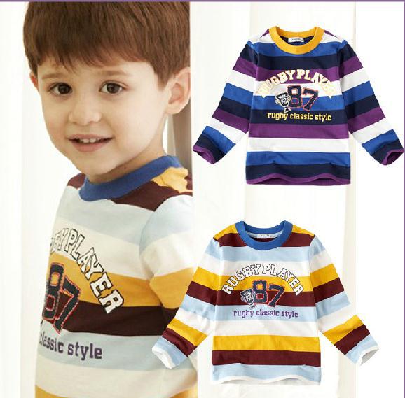 09-009 (5pieces)   cotton white +purple  wide stripe digital 87 pattern long-sleeved T-shirt for boys and girls FREE SHIPPING