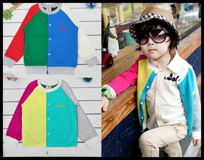 09-062 2013 new color blocking long-sleeved t-shirt for children boys and girls cardigan kids hoody  Free shipping