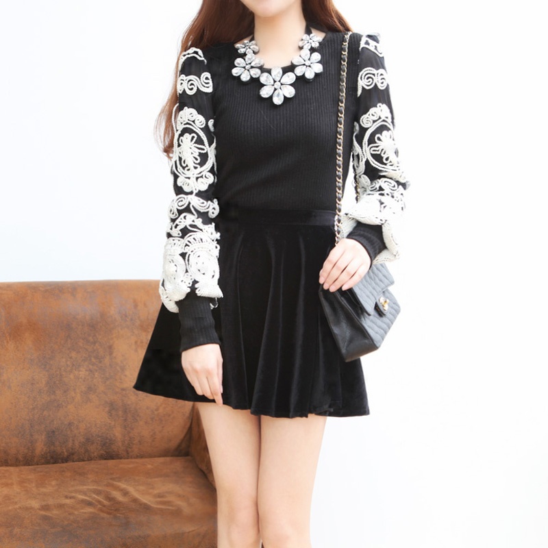 091035 spring 2013 female slim vintage sleeves lace disk flowers patchwork basic sweater