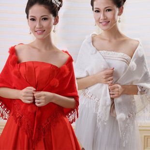 091318 Women scarves Wraps with Tassel Bridal Shawl in red/ivory