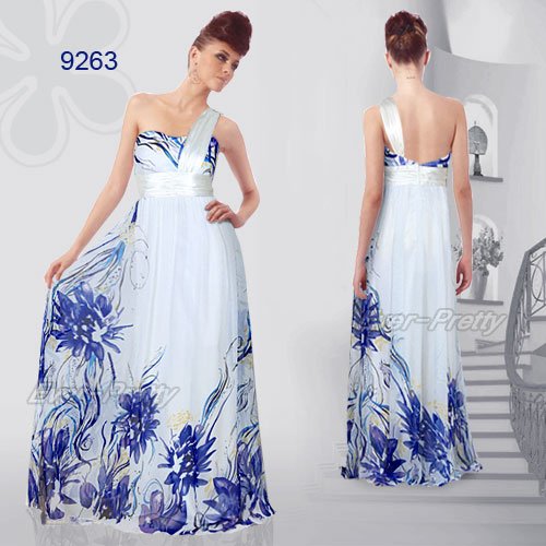 09263BL Free Shipping New Lady Flower Print One Shoulder Evening Dress
