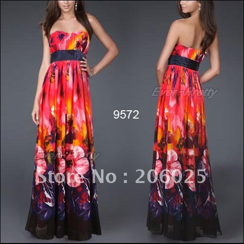 09572PK Free Shipping Strapless Floral Printed Chiffon Empire Line Evening Dress