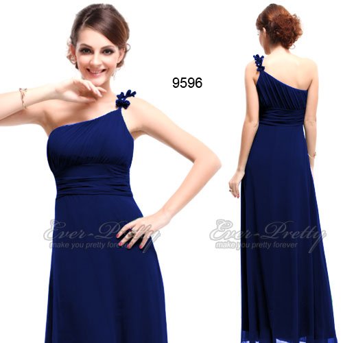 09596SB Free Shipping One Shoulder Sapphire Blue Flower Ruffles Chiffon NWT Evening Dress