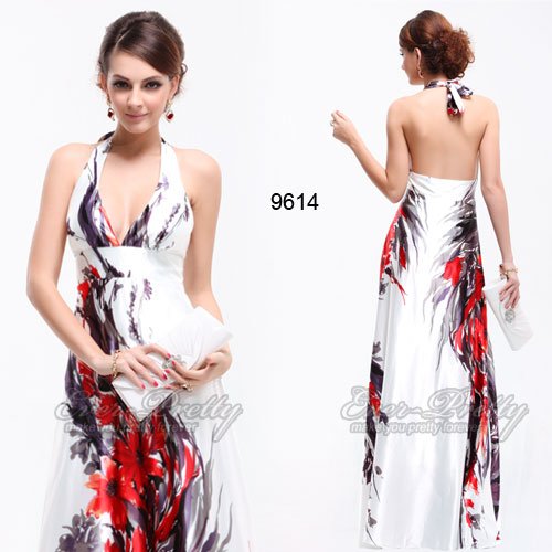 09614WH Sexy V-neck Floral Printed Satin Halter Evening Gown