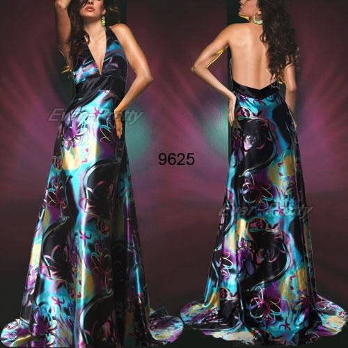 09625 Free Shipping Deep V-neck Printed Open Back Halter Sexy Evening Dress