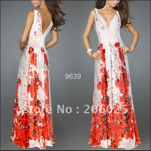 09639RD Free Shipping Sexy V-neck Floral Printed Chiffon NWT Evening Dress
