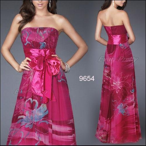 09654HP Strapless Floral Printed Ruffles Ribbon Long Evening Dress