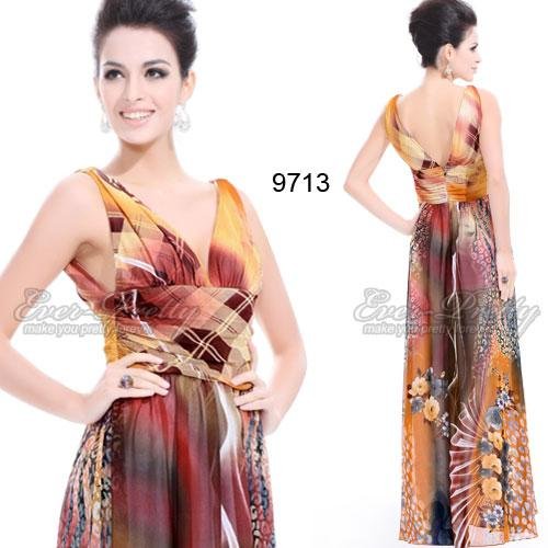 09713 Free Shipping Double V-neck Floral Printed Empire Line Chiffon Evening Dress