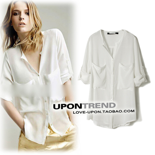 0c0124 fashion shirt loose large pocket chiffon female shirt long-sleeve chiffon shirt