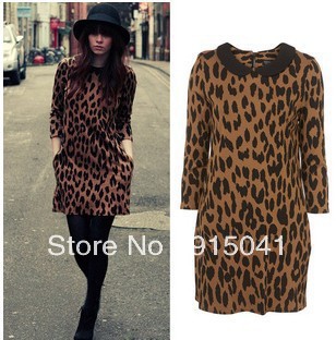 1-060 TOPSHOP the leopard black collar long-sleeved dress fashion dress lapel long-sleeved dress
