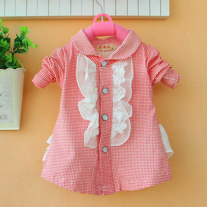 1-2age Baby shirt children clothes female child shirt 2013 spring plaid laciness shirt FREE SHIPPING