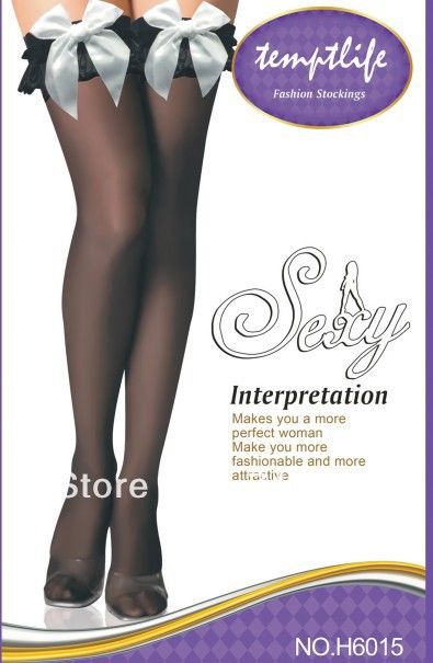 1 dozen(6 pairs of a dozen)Free shopping  Women Sexy Big bowknot  and lace stockings Black 6015